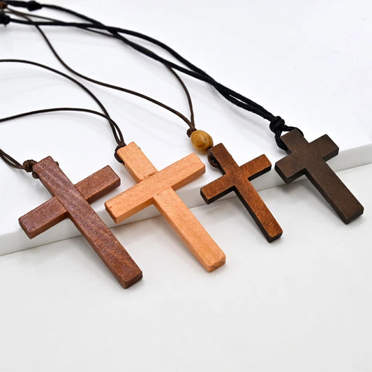 Handcrafted Wooden Cross Necklace – Adjustable Catholic Pendant for Men & Women (Retro Faith Jewelry)