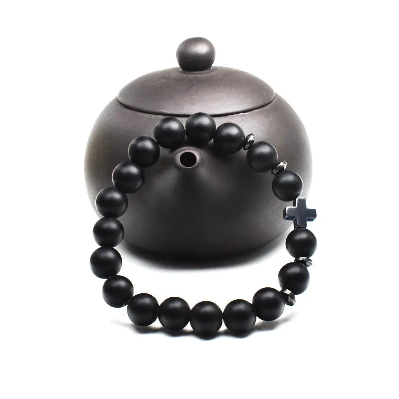 Men’s Wooden Cross Rosary Bracelet – Frosted Stone & Beaded Christian Faith Jewelry
