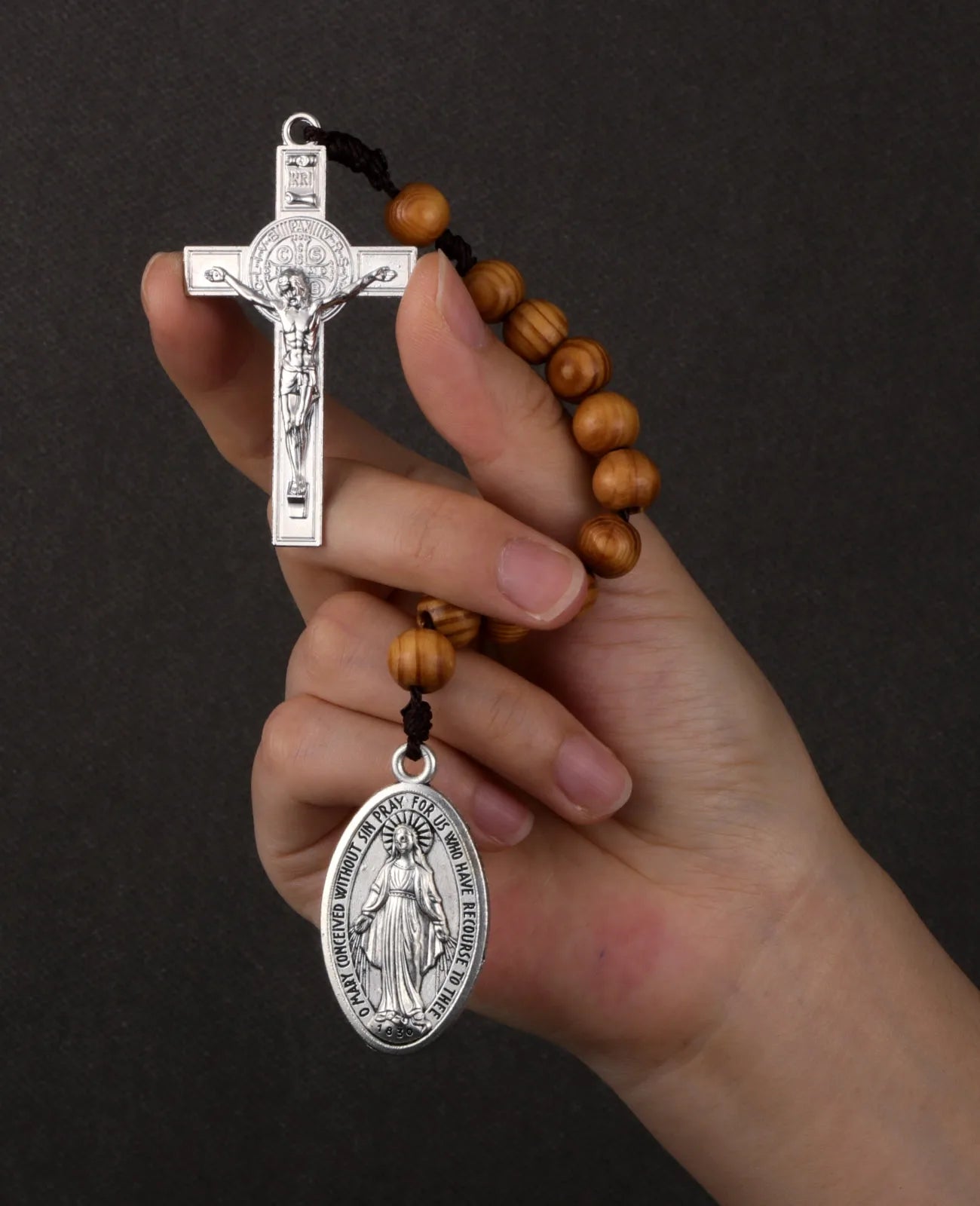 Wooden One-Decade Pocket Rosary – Crucifix & Our Lady Medalla Milagrosa Charm (Exorcism Cross Prayer Beads)