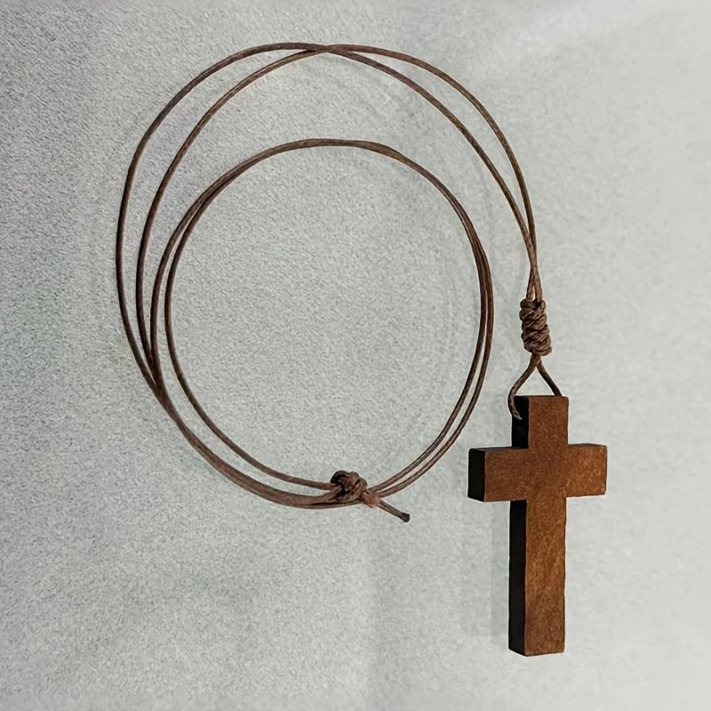 Vintage Wooden Cross Pendant Necklace – Christian Faith Jewelry for Couples & Holiday Gifts
