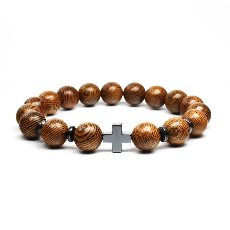 Men’s Wooden Cross Rosary Bracelet – Frosted Stone & Beaded Christian Faith Jewelry