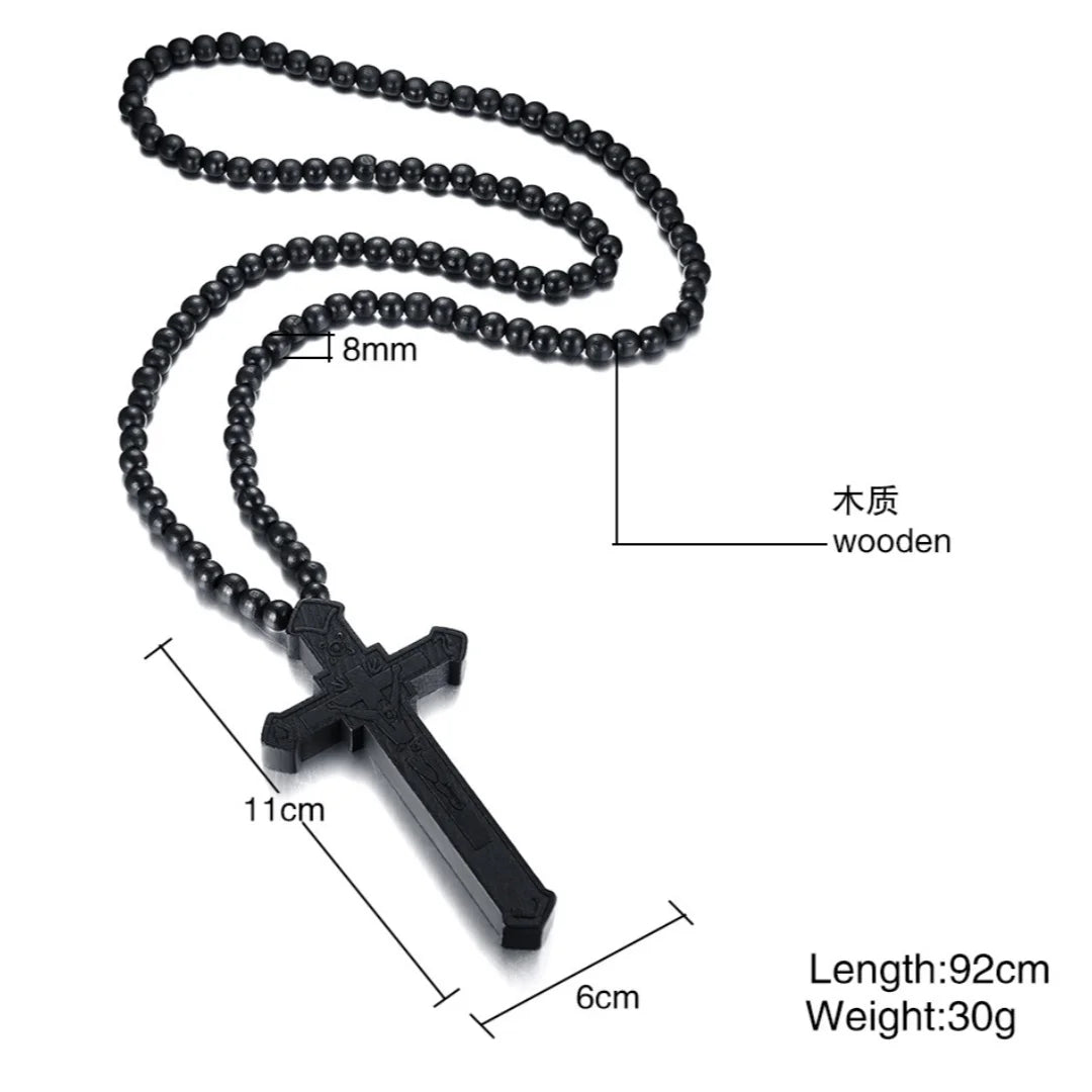 Large Wooden Rosary Necklace – Jesus Cross Pendant with Beads (Christian Jewelry Gift for Men & Women)