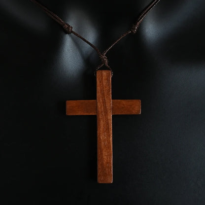 Handcrafted Wooden Cross Necklace – Adjustable Catholic Pendant for Men & Women (Retro Faith Jewelry)