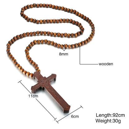Large Wooden Rosary Necklace – Jesus Cross Pendant with Beads (Christian Jewelry Gift for Men & Women)