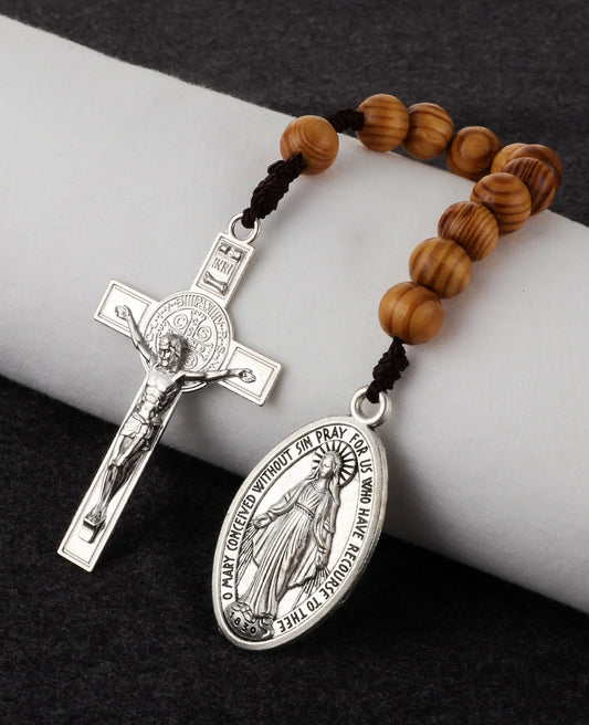 Wooden One-Decade Pocket Rosary – Crucifix & Our Lady Medalla Milagrosa Charm (Exorcism Cross Prayer Beads)