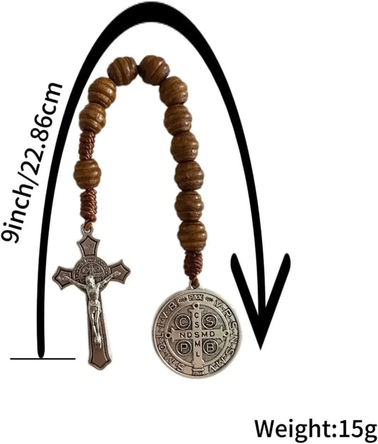 Saint Benedict Wooden Rosary Necklace – 9-Inch Pocket Prayer Beads with Crucifix & Medalla de San Benito