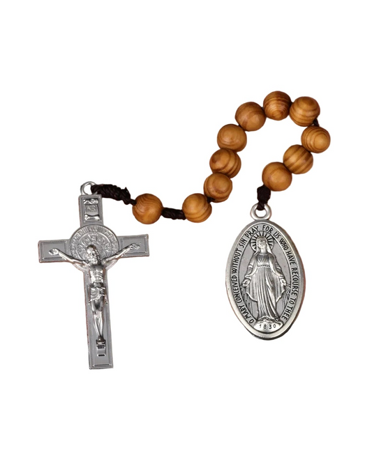 Wooden One-Decade Pocket Rosary – Crucifix & Our Lady Medalla Milagrosa Charm (Exorcism Cross Prayer Beads)