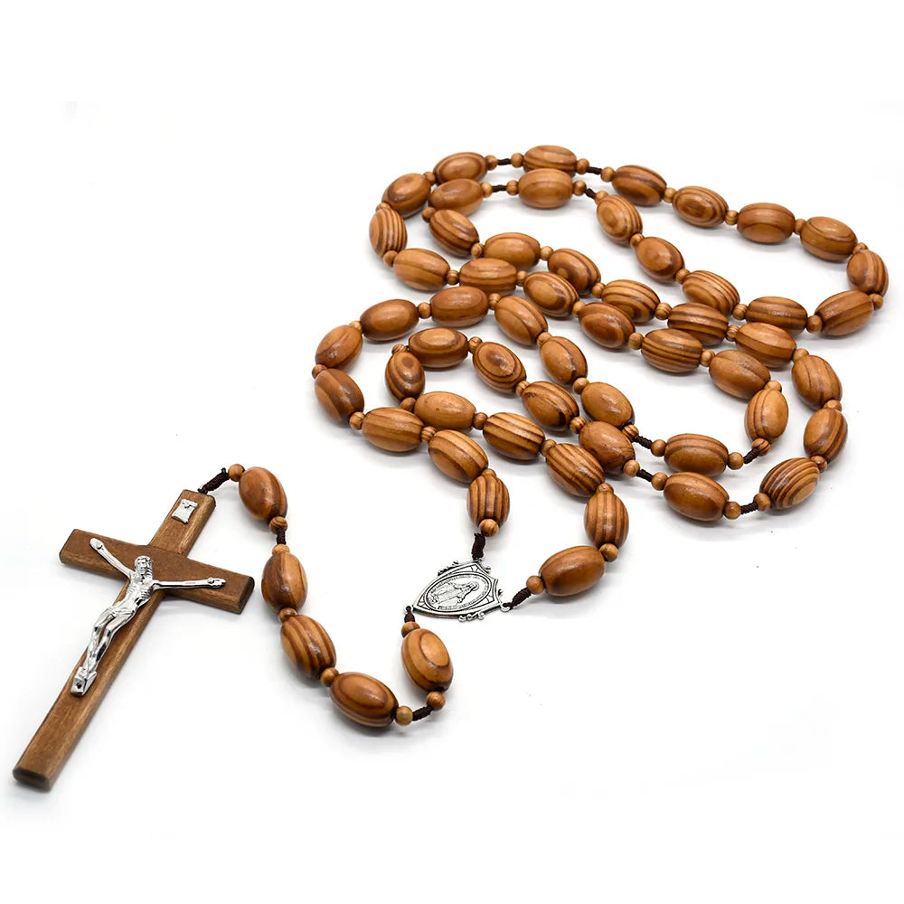 QIGO Large Wooden Wall Rosary Necklace – Long Cross Pendant with Beads (Catholic Religious Jewelry Décor)