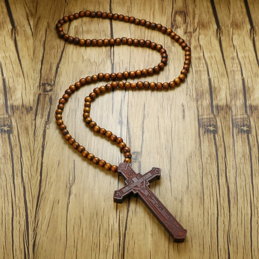 Large Wooden Rosary Necklace – Jesus Cross Pendant with Beads (Christian Jewelry Gift for Men & Women)