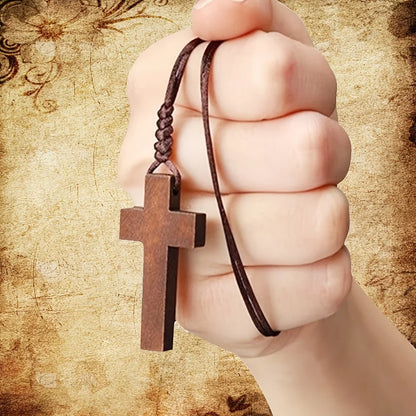 Vintage Wooden Cross Pendant Necklace – Christian Faith Jewelry for Couples & Holiday Gifts