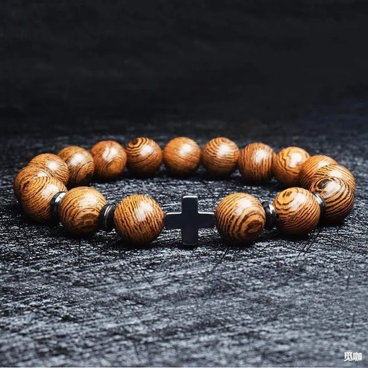 Men’s Wooden Cross Rosary Bracelet – Frosted Stone & Beaded Christian Faith Jewelry
