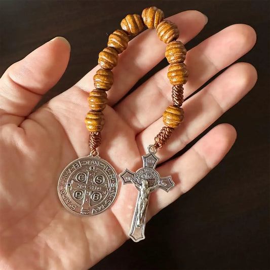 Saint Benedict Wooden Rosary Necklace – 9-Inch Pocket Prayer Beads with Crucifix & Medalla de San Benito
