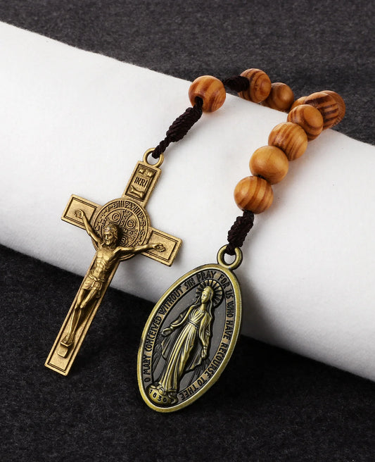 Wooden One-Decade Pocket Rosary – Crucifix & Our Lady Medalla Milagrosa Charm (Exorcism Cross Prayer Beads)