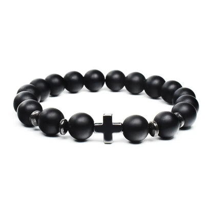 Men’s Wooden Cross Rosary Bracelet – Frosted Stone & Beaded Christian Faith Jewelry