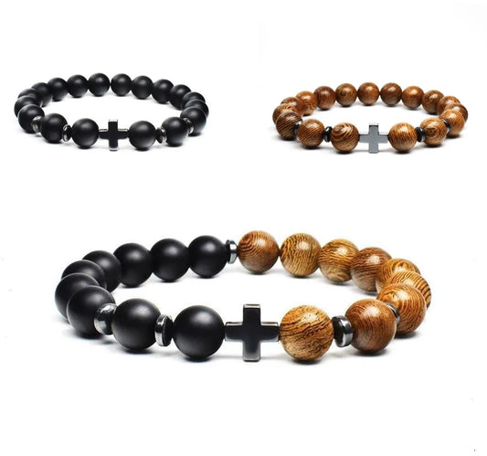 Men’s Wooden Cross Rosary Bracelet – Frosted Stone & Beaded Christian Faith Jewelry